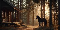 Horse silhouette standing near rustic wooden cabin in golden sunlit forest during sunset creating peaceful countryside atmosphere for outdoor lifestyle content.