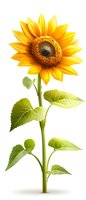 Bright yellow sunflower with detailed petals and green leaves isolated on white background. Ready for design use in greeting cards, packaging and botanical illustrations.