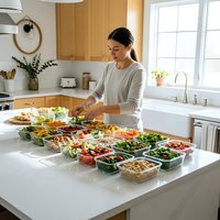 Young Asian woman meal prepping healthy food in modern kitchen with glass containers organized on white counter for weekly nutrition planning.