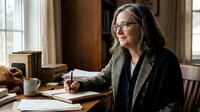 Senior Caucasian businesswoman with gray hair and glasses writing at wooden desk in traditional office setting with natural window light.