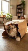 Tabby and white cat peeking out from brown paper bag on wooden floor in bright living room with plants and bookshelf, playful pet behavior.