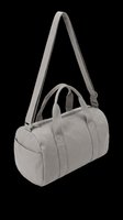 Gray cylindrical duffel bag with dual handles and adjustable shoulder strap, isolated on transparent background. Ready for t-shirt design, clipart, stickers, and print-on-demand products.