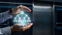 Business professional protecting glowing network hierarchy diagram with hands showing organizational structure and corporate management concept.
