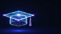 Futuristic glowing graduation cap made of connected dots and lines on dark blue background representing digital education and academic achievement.