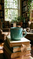Teal ceramic mug on stacked vintage books with a thank you tag in a cozy sunlit home library with a cat resting in the background.