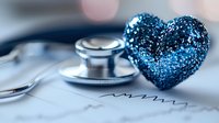 Glittering blue heart next to medical stethoscope on cardiogram background, representing healthcare, cardiology and heart disease prevention concept.