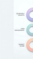 Modern business infographic with colorful circular elements showing quarterly growth, user engagement and market share metrics on clean background.
