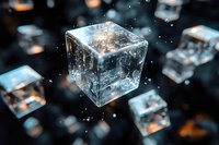 Glowing ice cube floating in dark space with magical sparkles and light effects, surrounded by multiple frozen cubes in atmospheric composition.