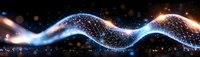 Abstract digital wave with glowing blue and orange light particles flowing on dark background. Futuristic network visualization for technology concepts.