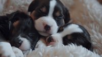 Sleeping Cavalier King Charles Spaniel puppies cuddled together on soft white fur, showing their distinctive tricolor markings and peaceful expressions.