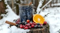 Festive winter composition with frosted cranberries, blueberries, orange slice and dark candle with cinnamon stick on rustic wood slice in snow, seasonal outdoor decor.