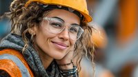 Young mixed-race female construction worker wearing safety helmet and protective eyewear smiling confidently at camera on building site.