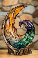 Artistic glass sculpture featuring stylized bird in vibrant amber, emerald and purple hues, curved in dynamic spiral form against rustic stone background.
