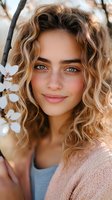 Young blonde woman with curly hair and blue eyes smiling outdoors in natural sunlight wearing casual clothing for lifestyle and beauty concepts.