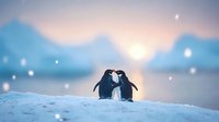 Romantic penguins silhouetted against winter sunset, touching beaks in heart shape pose while standing on snowy hill. Magical atmosphere with bokeh lights and mountains.