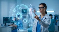 Female doctor using augmented reality technology to examine holographic human anatomy model in modern medical laboratory for healthcare innovation.