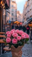 Pink roses bouquet wrapped in craft paper on cafe table against blurred European street with warm evening lights and historic architecture background.