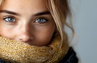 Close up portrait of young woman with bright blue eyes and freckles partially covered by yellow knit scarf, showing natural beauty against neutral background.
