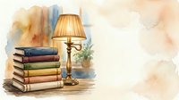 Stack of vintage books with brass table lamp and watercolor background, suitable for literature, education, library, and home decor design projects.