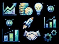 Watercolor business icon set with growth charts, coins, light bulb, rocket, handshake, gears, and globe, isolated on transparent background, ready for clipart and print on demand.