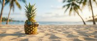 Pineapple with sunglasses on tropical beach sand with palm trees and ocean sunset background for summer vacation and holiday concept.