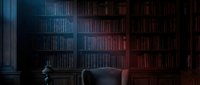 Dark atmospheric library interior with wooden bookshelves filled with vintage books, leather armchair and dramatic lighting for cozy reading ambiance.