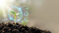 Young green plant seedling emerging from dark soil with futuristic holographic data interface displaying growth analytics and environmental monitoring charts.