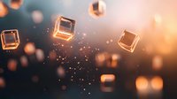 Glowing golden cubes floating in dark space with sparkles and bokeh effects create magical atmosphere for luxury product presentation or abstract background.