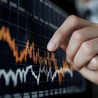 Financial market data visualization with finger pointing at trading chart showing price movements and stock analysis on digital screen display.