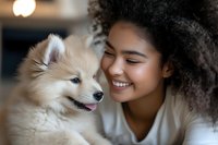 Happy young African American woman with curly hair smiling while cuddling adorable fluffy Pomeranian puppy in cozy home setting for pet care and companionship.