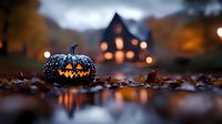 Carved Halloween pumpkin with glowing jack-o-lantern face sits on autumn leaves with spooky haunted house silhouette and warm bokeh lights in background.