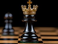Black chess king piece with golden crown on wooden chessboard, dramatic lighting and shallow depth of field creates powerful game strategy concept.