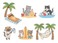 Cute cats and animals enjoying summer beach activities with palm trees, surfboard, and relaxation scenes. Isolated clipart collection ready for children's designs, t-shirts, and creative projects.