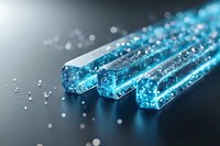 Glowing blue crystal rods with sparkles and bokeh effects on dark reflective surface, magical fantasy elements for creative design projects.