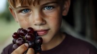 Young boy with bright blue eyes holding fresh red grapes, close-up portrait with natural lighting and shallow depth of field, showcasing childhood innocence and healthy eating.