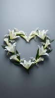 White lily flowers arranged in heart shape with baby's breath on gray background for wedding and romantic occasions.
