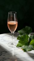 Elegant rose wine glass with grape leaves on marble surface against dark background for luxury dining and celebration concepts.