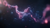 Glowing pink and blue particles form abstract flowing shapes against dark background, suitable for technology, science, and digital design projects.