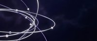 Abstract glowing orbital paths with luminous spheres on dark background, representing technology, science, connectivity, and digital innovation concepts.
