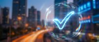 Glowing blue checkmark symbol with circular holographic interface floating over blurred city skyline at night with light trails and urban bokeh background.