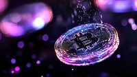 Glowing cryptocurrency coin with water drops and purple bokeh lights on dark background, dramatic macro photography highlighting digital finance concept.