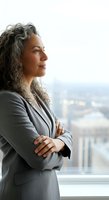 Mature Latina businesswoman with long gray hair wearing gray blazer standing by high-rise window with arms crossed, looking out at cityscape below for corporate leadership and professional themes.