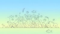 Cute dog family line art illustration with puppies and adult dogs in playful scene with bones and fish elements on gradient background.