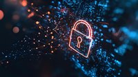 Digital padlock with glowing orange and blue particles on dark background represents cybersecurity, data protection and encryption technology in modern network.