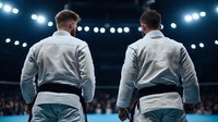 Two martial artists in white uniforms and black belts stand facing away from camera in spotlit arena during competition, dramatic lighting creates powerful sports atmosphere.