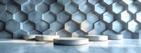 Modern white product display podiums against geometric hexagonal wall background, perfect for luxury merchandise presentation and branding design.