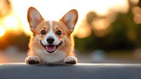 Happy Pembroke Welsh Corgi puppy with bright smile and perked ears looking at camera during golden hour sunset, paws resting on surface.