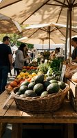 Fresh avocados in wicker basket at outdoor farmers market with organic produce stands and shoppers browsing under umbrellas on sunny day.
