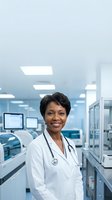 African American female doctor smiling confidently in modern medical laboratory with advanced equipment and bright lighting for healthcare marketing.