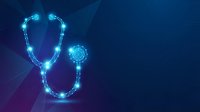 Digital stethoscope with glowing blue neon lights on dark background. Modern medical technology concept for healthcare innovation and telemedicine applications.